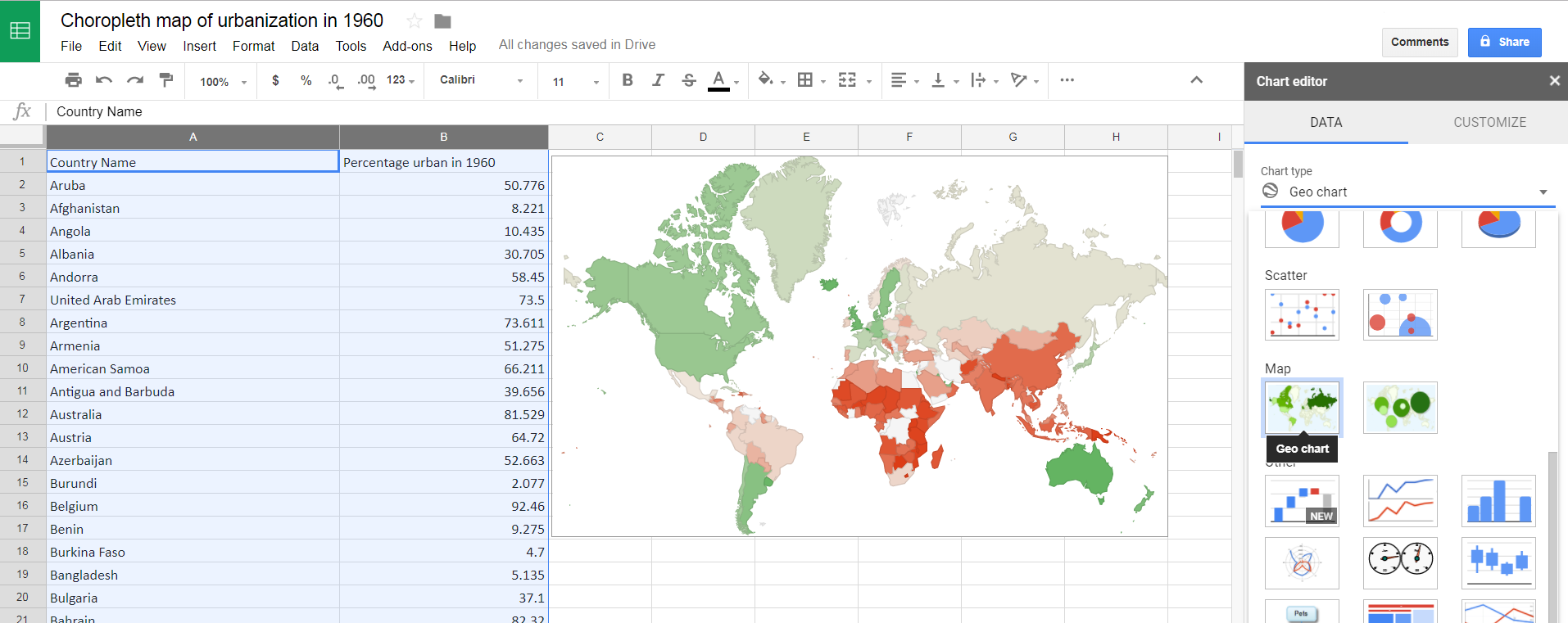 Screenshot of urbanization data in choropleth map