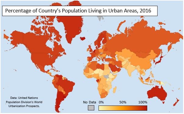 Choropleth Map of Urbanization by Country in 2016