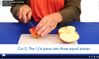 Screenshot of video lesson plan "Earth: The Apple of Our Eye" using an apple to demonstrate the limited farmland available on Earth