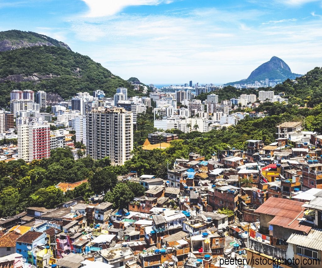 A favela in Rio de Janeiro near a built-up area of the city.