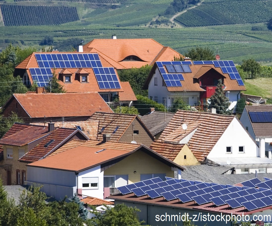 Roofs in a German town covered with solar panels.