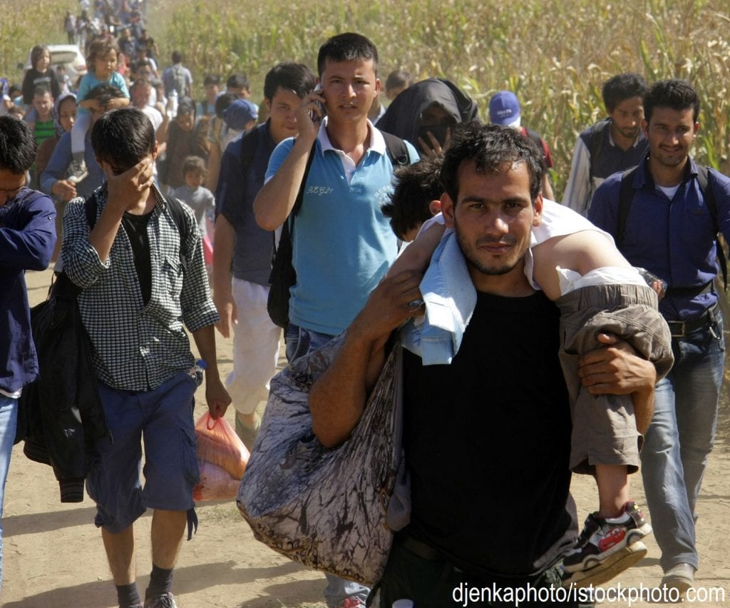 Refugees from Syria walking from Croatia to Serbia.