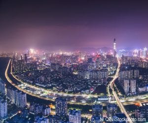 The skyline of Shenzhen in southern China at night.