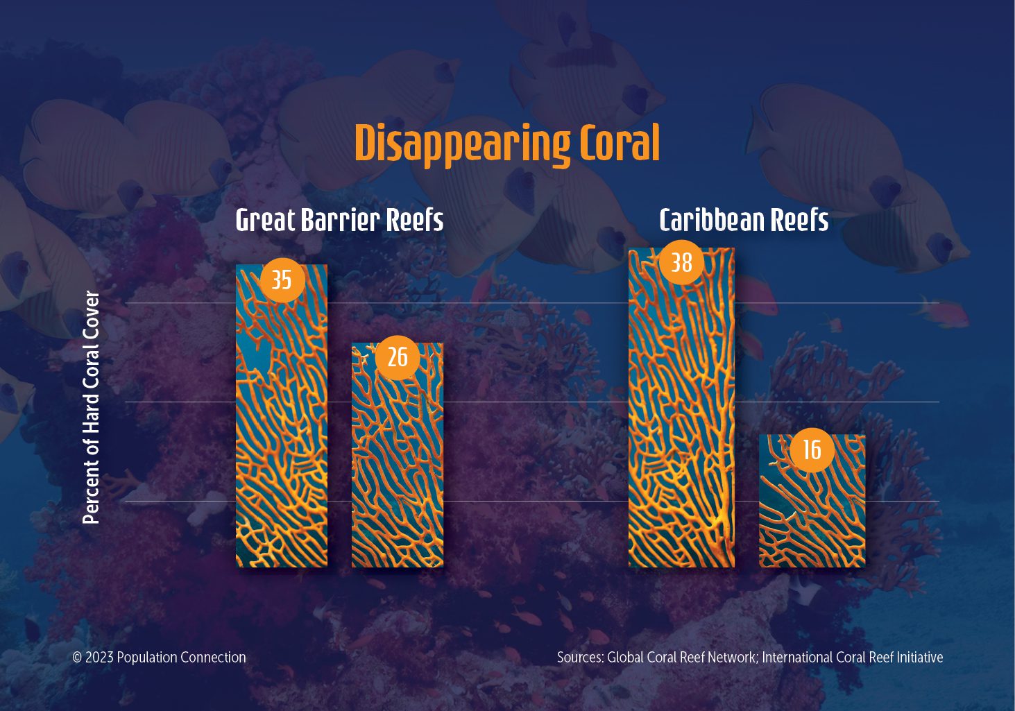 Graphs compare shrinking size of three coral reefs over time - Great Barrier Reef, Caribbean Reef, and West Indian Ocean Reef
