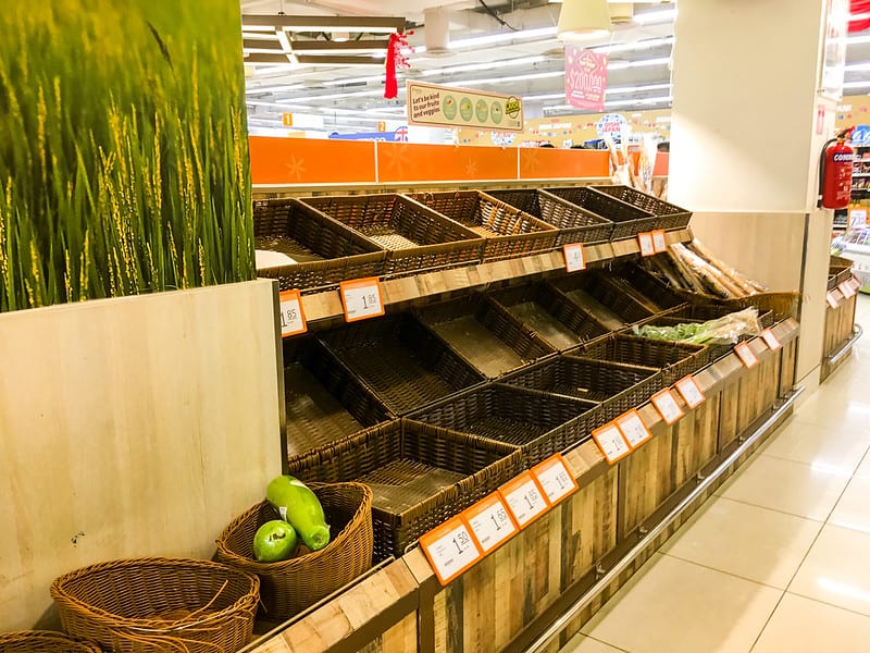 Empty grocery store produce aisle, Singapore