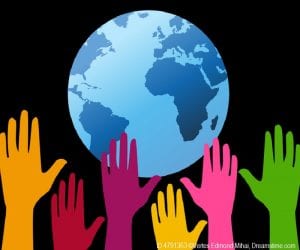 Colorful hands lift up for the Earth and young students learn how they can be stewards of the planet