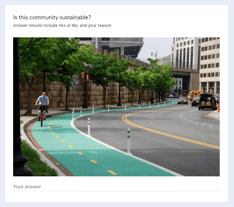 Screenshot of a Google Form where students determine if various photos show a sustainable community