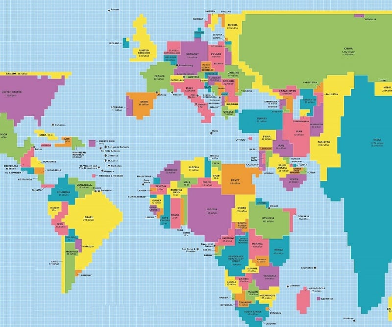 Cropped World Population Map is a cartogram displaying countries' sizes based on population rather than land area