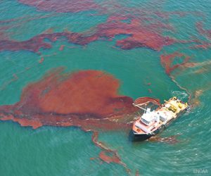 A "vessel of opportunity" skims oil spilled after the Deepwater Horizon/BP well blowout in the Gulf of Mexico in April 2010.