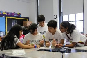 Young teens working together in middle school classroom