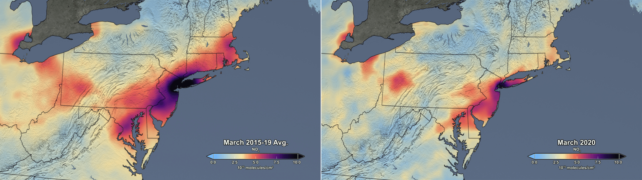 NASA heat maps of tropospheric NO2 column: Average for March 2015-2019 and March 2020