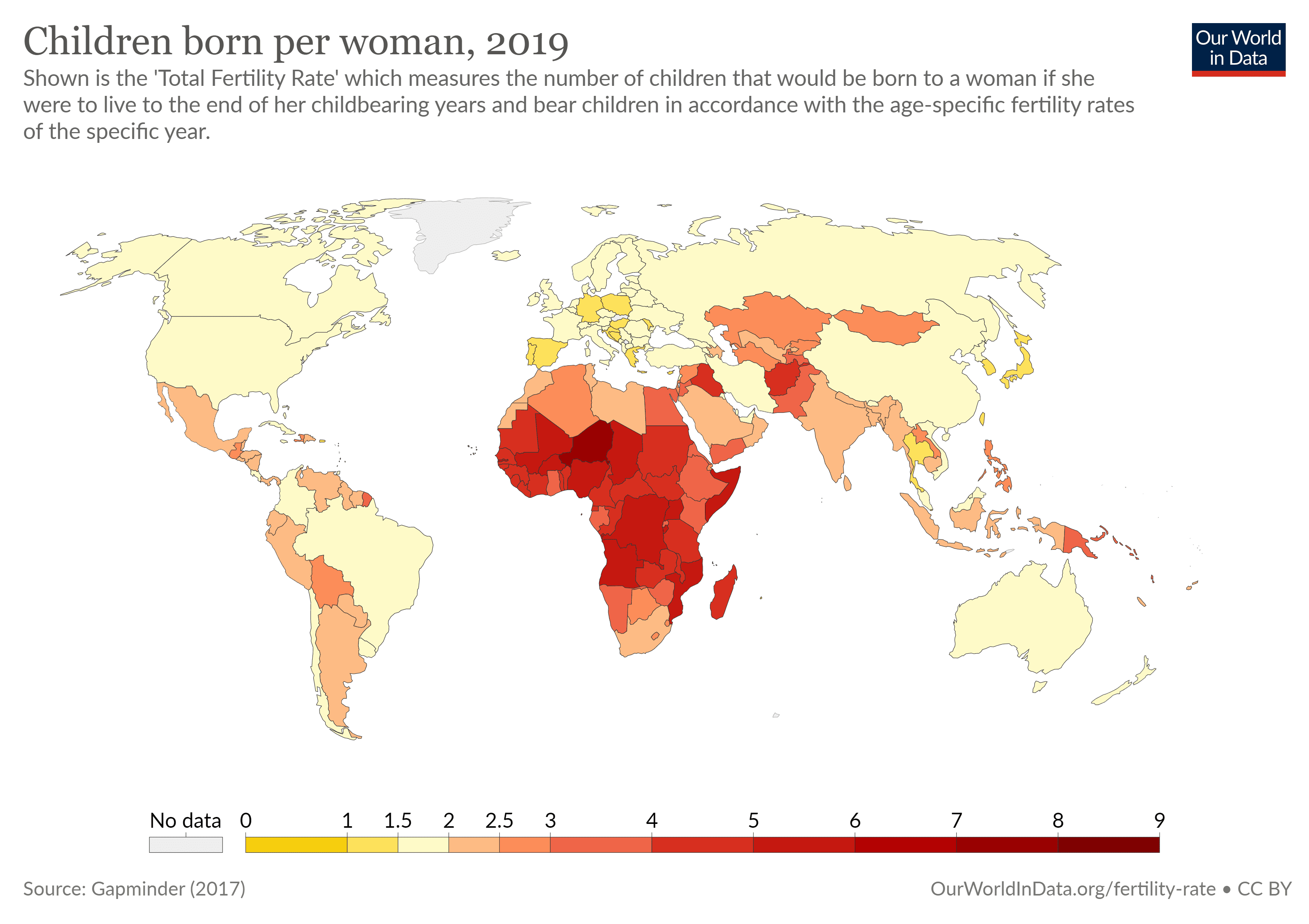 Global map of total fertility rate showing children born per woman in 2019