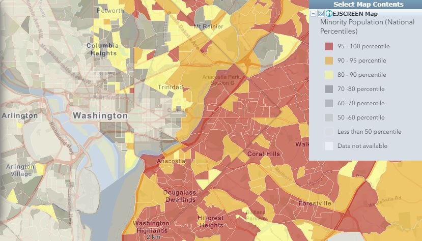EPA map of Washington, DC,= pollution levels and minority population demographics