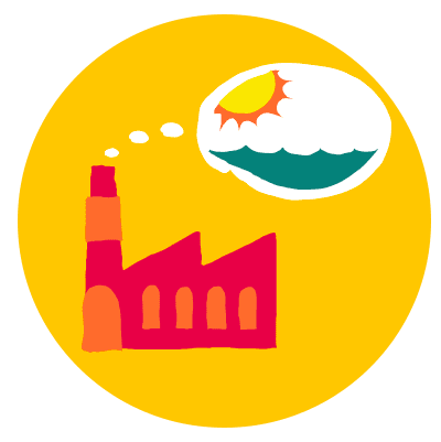 logo showing factory emitting thought bubble with ocean and sun inside