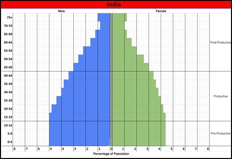 Screenshot of India population pyramid from Power of the Pyramid lesson plan google slides