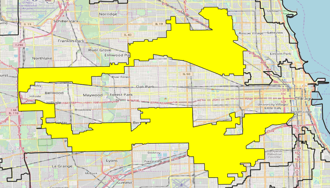 Map showing the 4th congressional district of Illinois, commonly known as “the earmuffs”