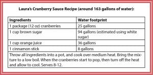 Laura's cranberry sauce recipe, which shows the water footprint for each ingredient.