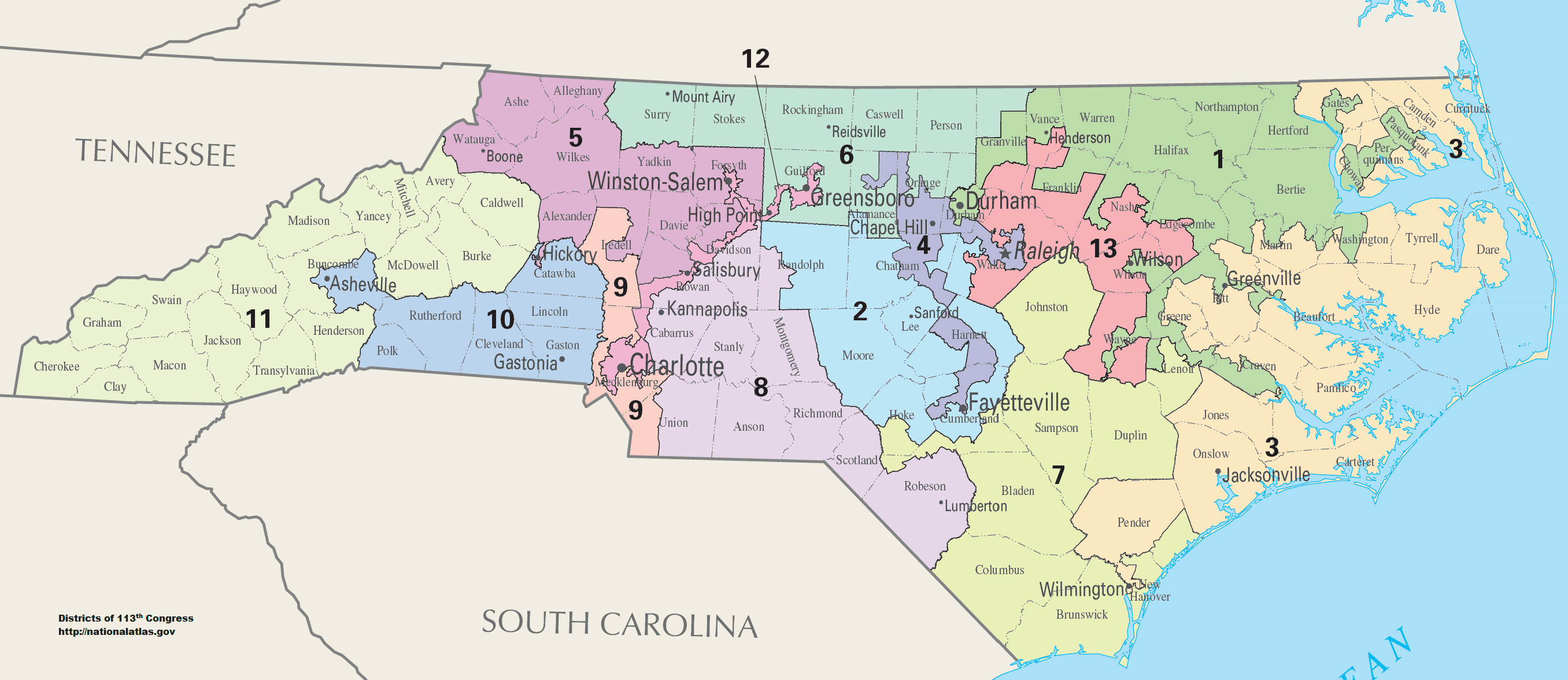 Map showing North Carolina's congressional districts