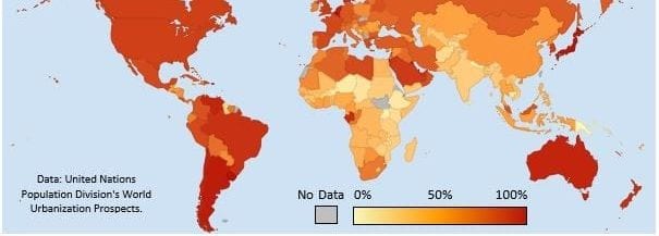 Choropleth map showing global urbanization rates with an orange gradient