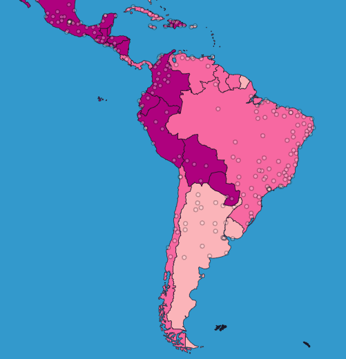 Layered map of South and Central America showing country-level fertility rates and population density