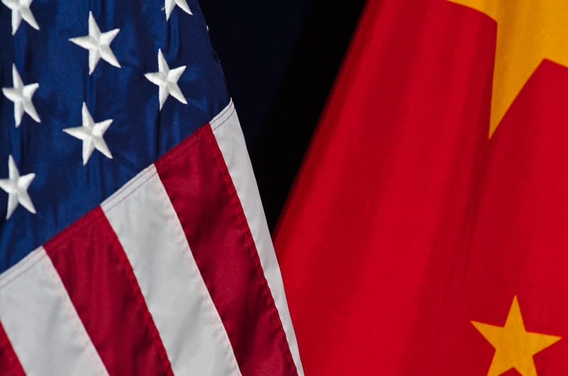 Close up view of flags for the United States and China