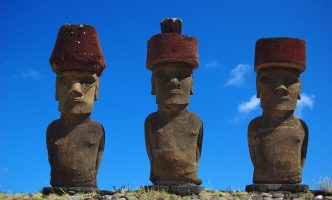 Three Moai statues at Easter Island, Chile