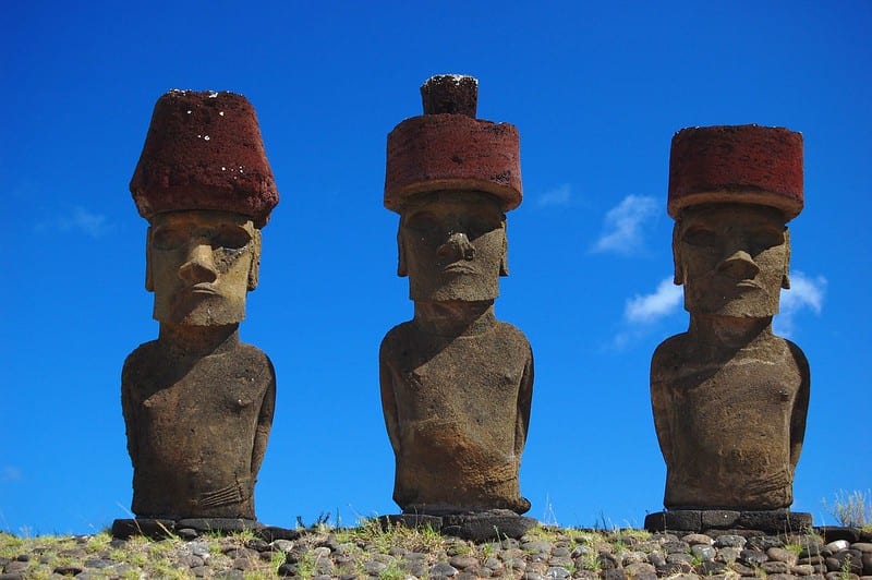 Three Moai statues at Easter Island, Chile