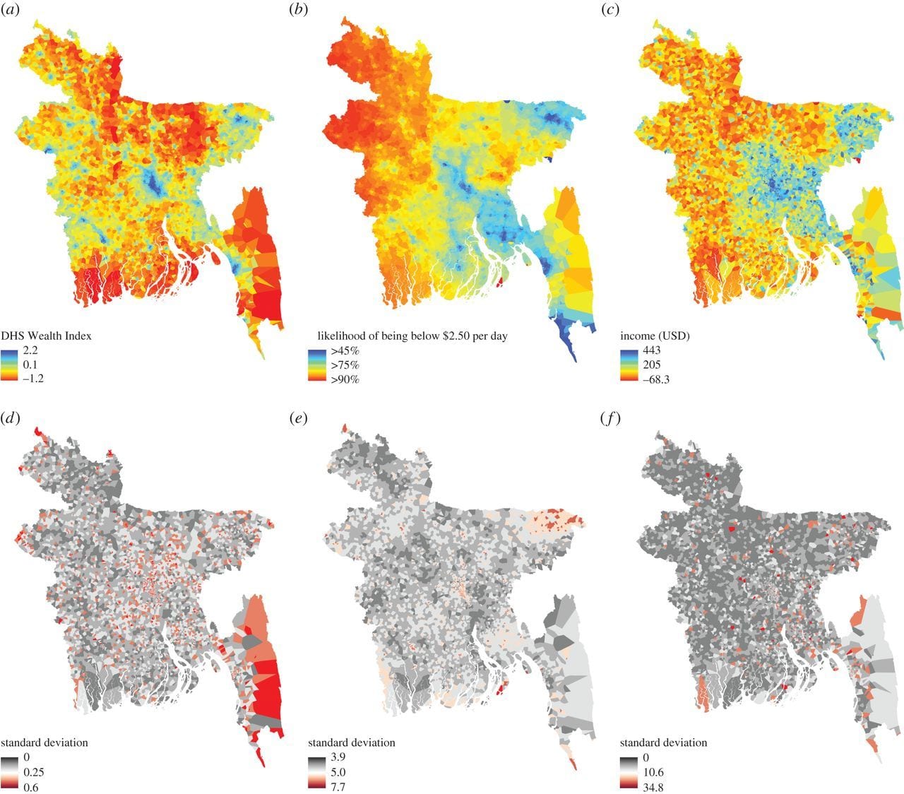 Prediction maps of socioeconomic indicators generated using call records, remote sensing data and geostatistical models