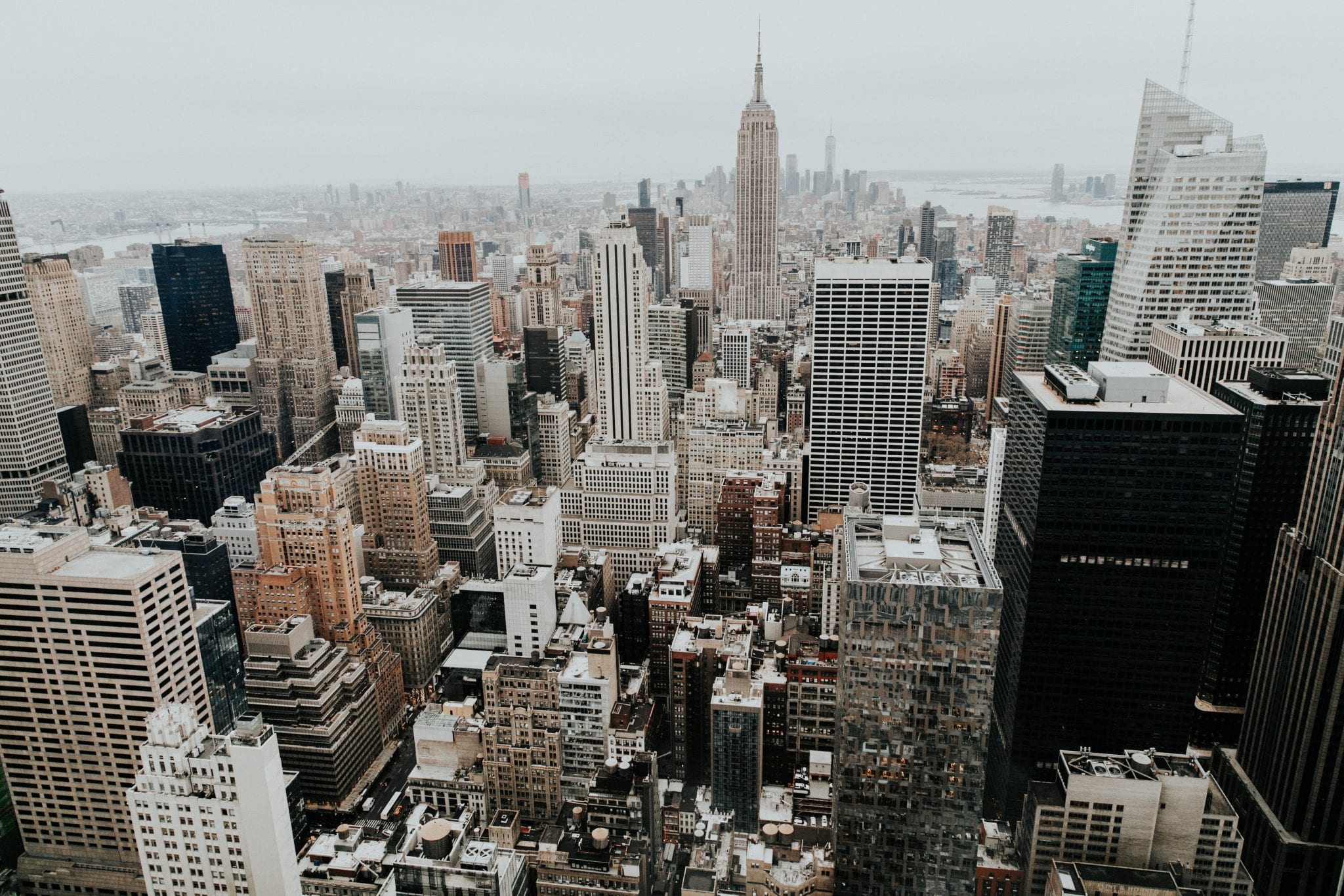 Aerial photo of New York City skyscrapers on a cloudy day