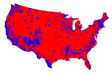 A map of the US where the majority of the country is red, blue is concentrated in costal and urban areas, and there are many purple areas buffering blue and red.