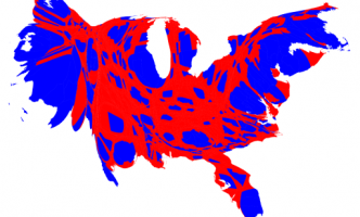 A cartogram map of the US showing voting outcomes by population. There are equal areas of red (republican) and blue (democrat), and colors are mottled throughout the shape.