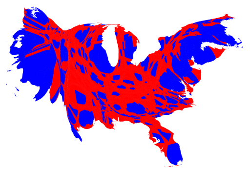 A cartogram map of the US showing voting outcomes by population. There are equal areas of red (republican) and blue (democrat), and colors are mottled throughout the shape.