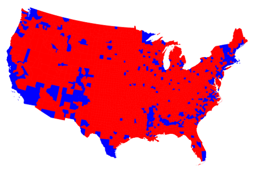 A choropleth map of the U.S. to show voting outcomes distorts the data. Much of the map is red (majority voted republican) and the blue (majority voted democrat) takes up much less space, making voting outcomes look very different than reality.