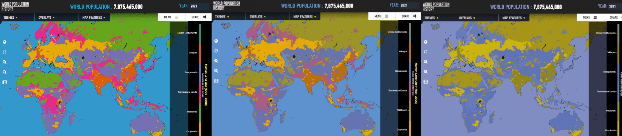 Three maps of Africa and Asia to show how people with sight differences see colors on a choropleth map differently.