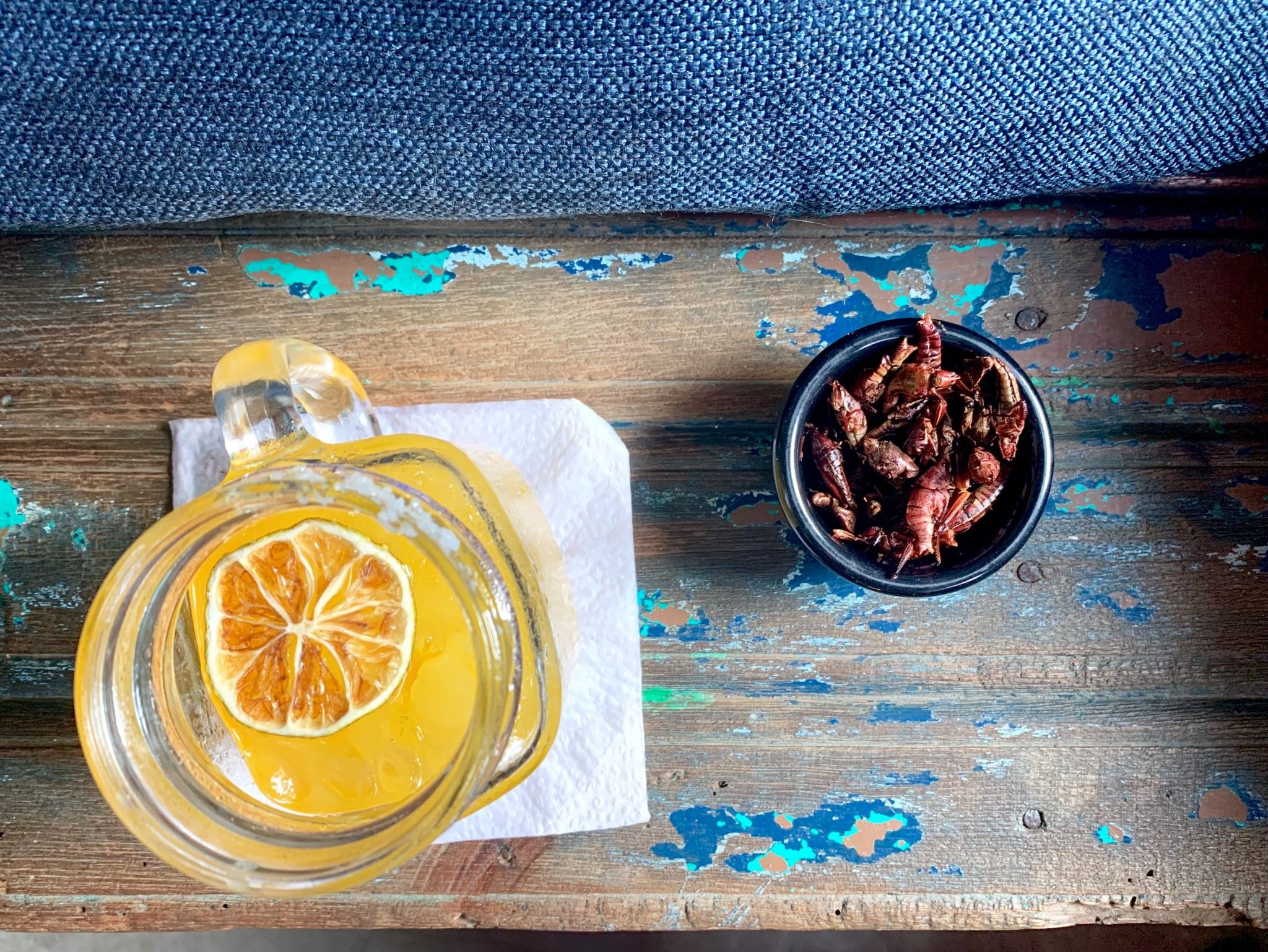 A pitcher of lemonade and a bowl of crickets sit on top of a wooden table.