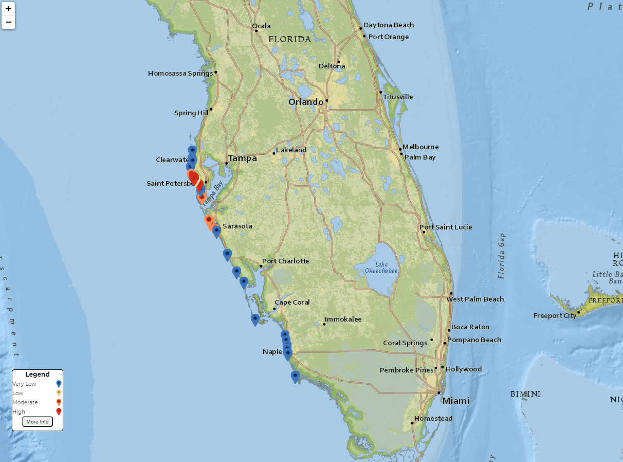 Screenshot from interactive forecasting tool, showing modeled forecast of respiratory irritation at individual beach locations in Florida