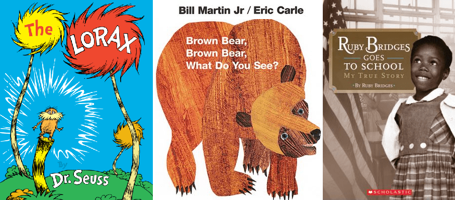 Side by side book covers for The Lorax, Brown Bear Brown Bear What Do You See, and Ruby Bridges Goes to School