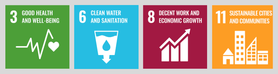Logos for United Nations Sustainable Development Goals 3, 6, 8 and 11