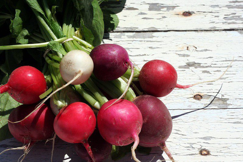 Radishes are bunched together on top of a flat wooden surface