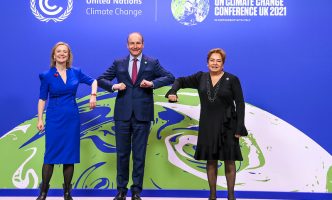Foreign Secretary Liz Truss and Patricia Espinosa, Executive Secretary United Nations Framework Convention on Climate Change, greet Micheál Martin, Taoiseach, at COP26 World Leaders Summit at COP26 World Leaders Summit of the 26th United Nations Climate Change Conference at the SEC, Glasgow.