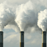 Three smokestacks emit fumes up into a cloudy blue sky