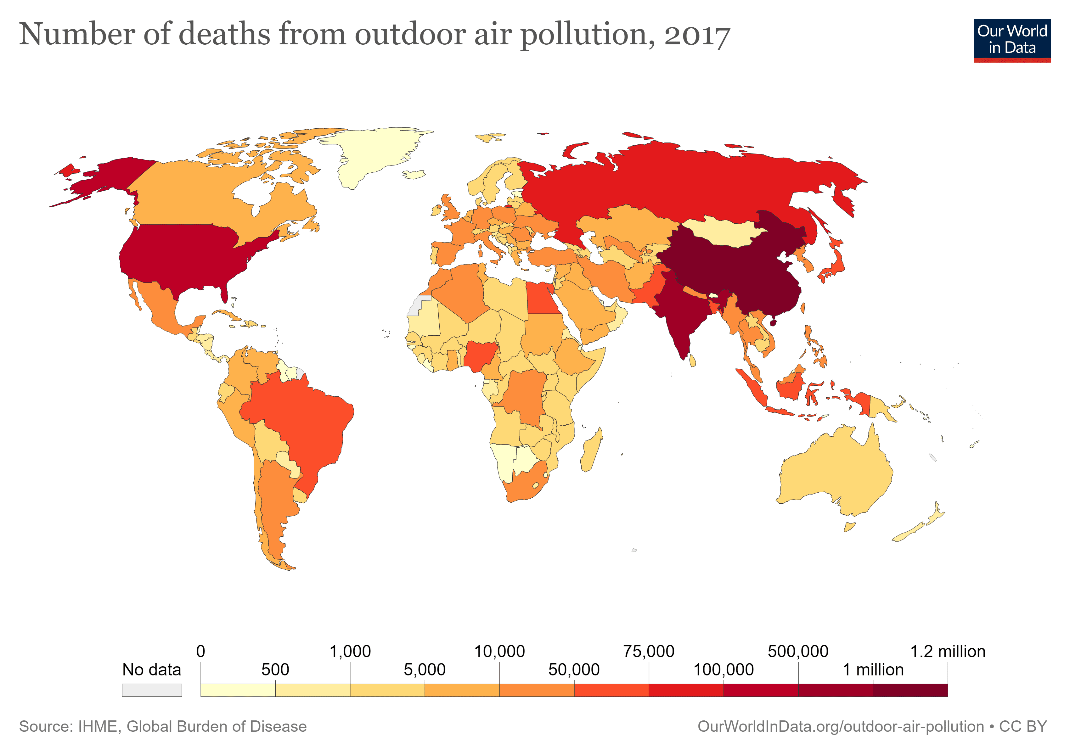 A global choropleth map shows number of deaths from outdoor air pollution in 2017. Countries like China, India, the United States and Russia are in the darker shades of red, indicating higher numbers of deaths.