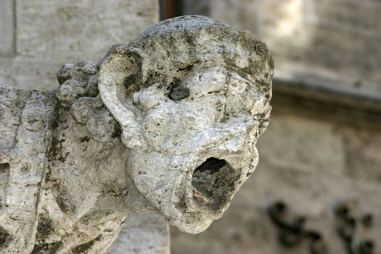 Close up view of gargoyle damaged by acid rain