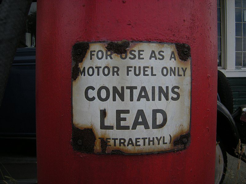 Lead warning on a gas pump at Keeler's Korner, Lynnwood, Washington (built 1927) reads: for use as a motor fuel only, contains lead (tetraethyl)