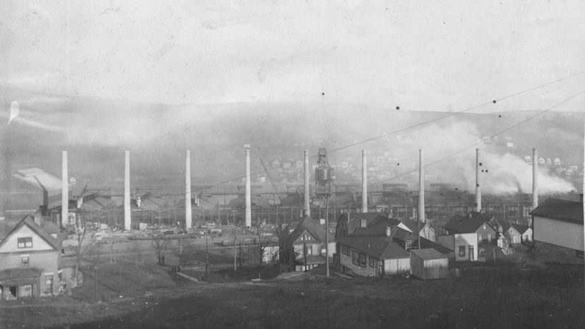 Spelter stacks emot fumes at the US Steel’s Donora Zinc Works in Donora, PA