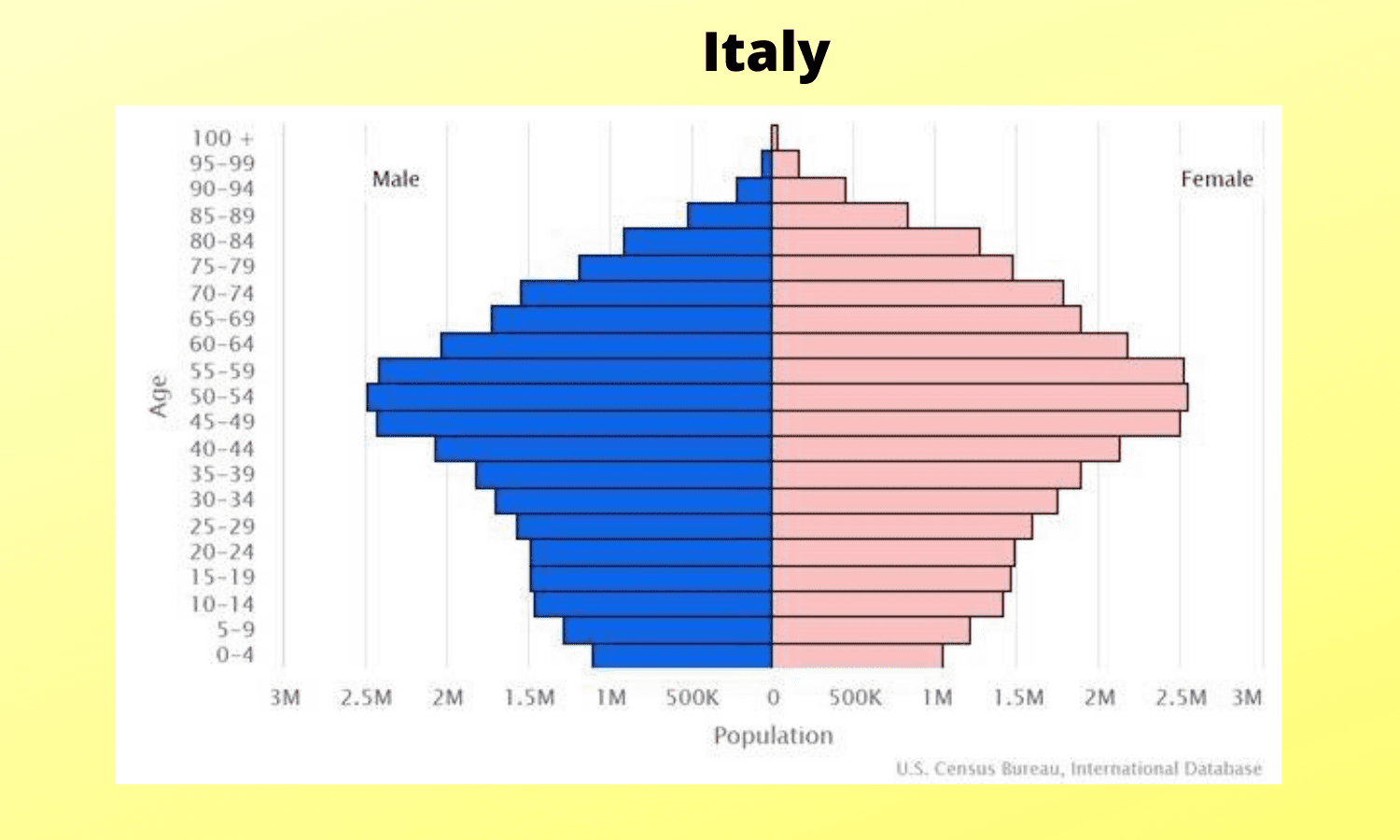 A population pyramid for Italy shows population by age cohort and gender