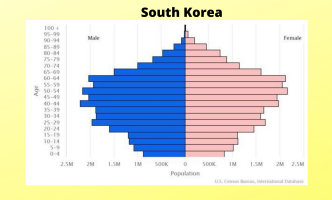 A population pyramid for South Korea shows population by age cohort and gender