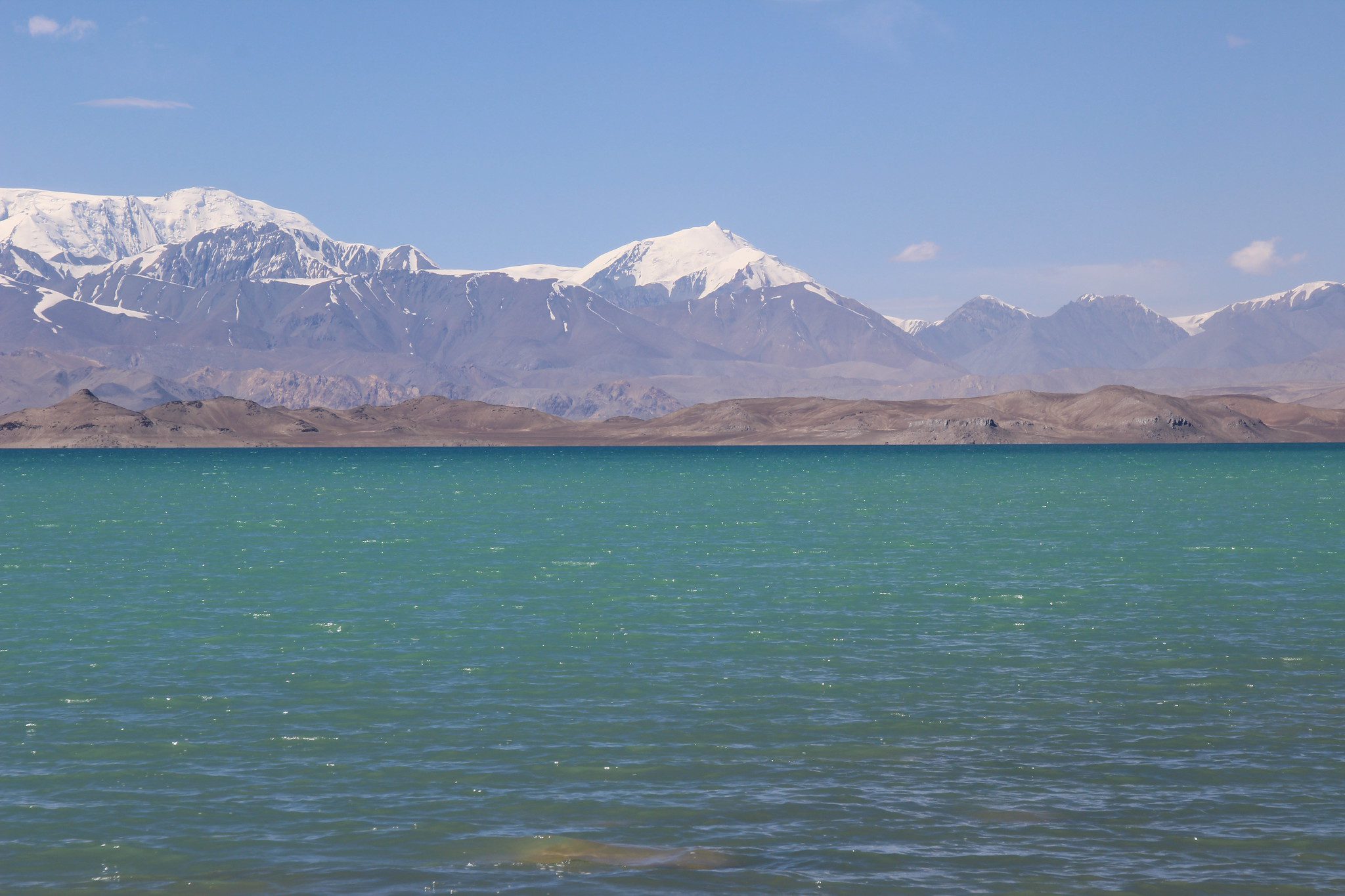 Lake and ice-capped mountains in Tajikistan