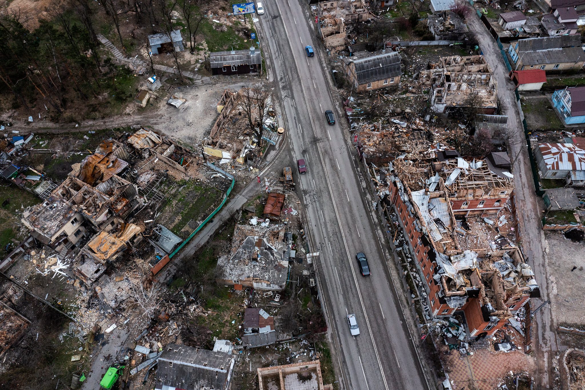 Bird's eye view of a Ukrainian town destroyed in the Russian invasion.