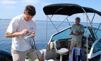 Scientists monitor water quality in the Chesapeake Bay.